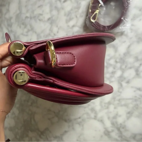 Ribbed Half-Moon Shoulder Bag in Burgundy with Crossbody Strap - Picture 6 of 8